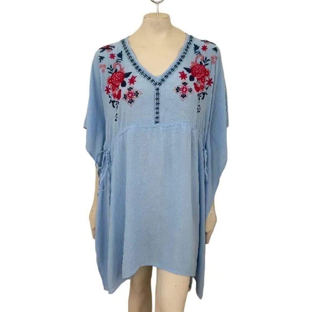 ARK & CO Floral Embroidered Kaftan Dress Bohemian Coverup in Sky Blue  SZ M